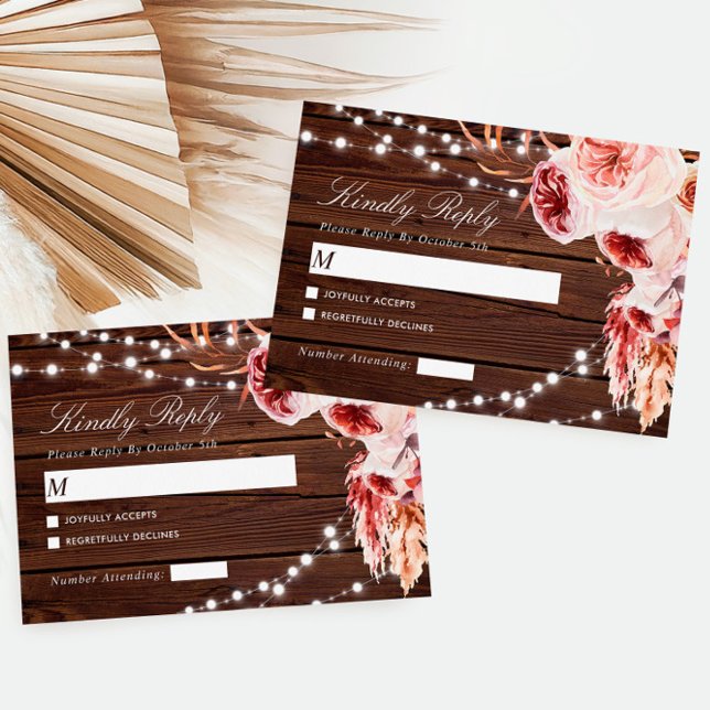 Bohemian Rose Rustic Wood  Wedding RSVP Card (Creator Uploaded)