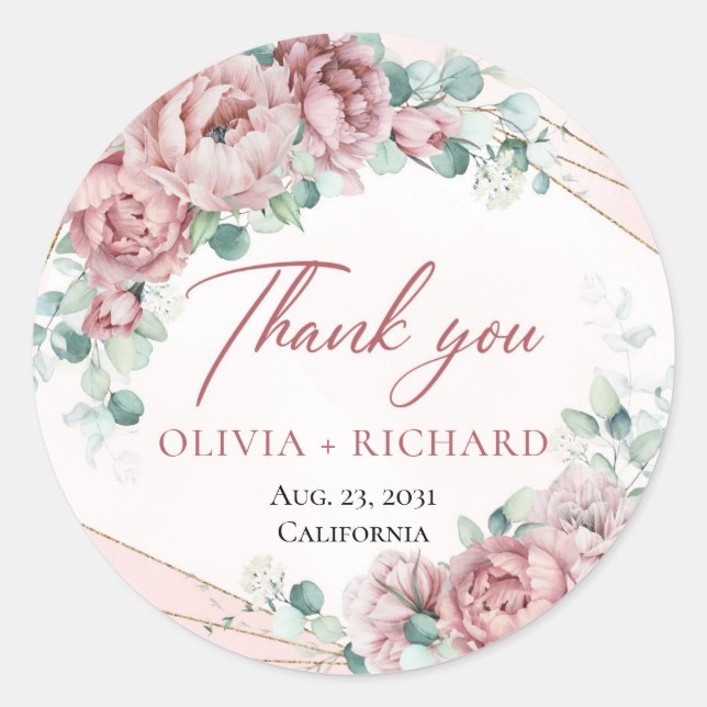 Bohemian roses greenery foliage gold wedding classic round sticker (Front)