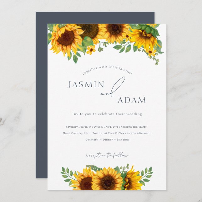 Bohemian Royal Blue Opulence Sunflowers Wedding Invitation (Front/Back)
