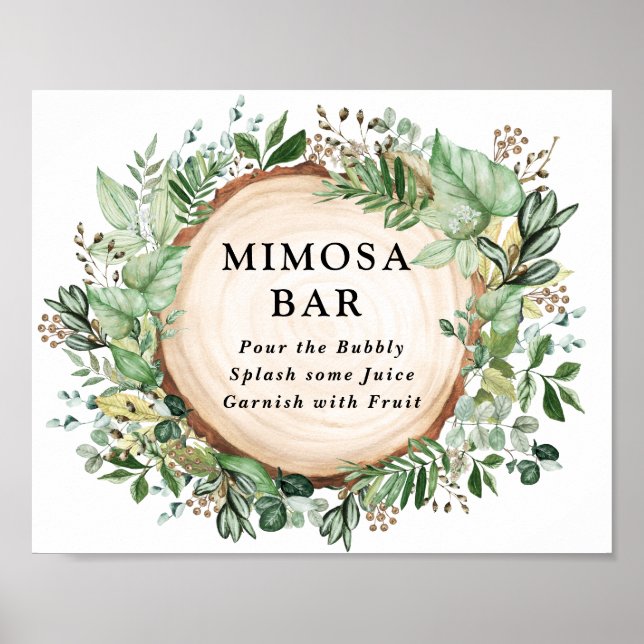 Bohemian Rustic Leafy Greenery Mimosa Bar Wedding Poster (Front)