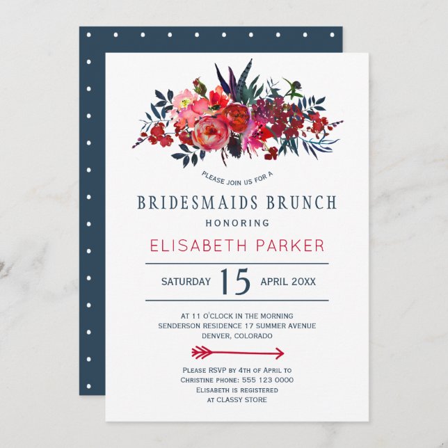 Bohemian rustic red navy floral bridesmaids brunch invitation (Front/Back)