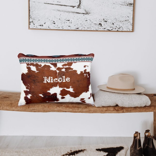 Bohemian Rustic Western Cowhide Name Decorative Cushion (Creator Uploaded)