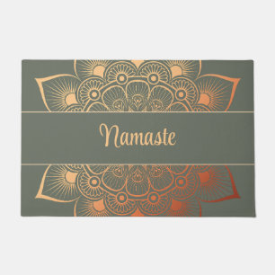Bohemian Sage Green and Peach Mandala Custom Text Doormat