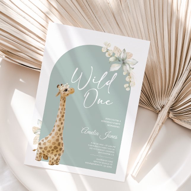 Bohemian Sage Green Giraffe Wild One Birthday  Invitation (Creator Uploaded)