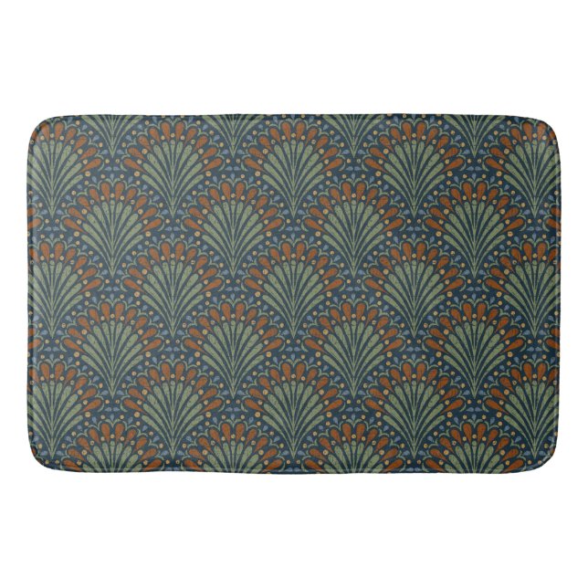 Bohemian Scallops Fan, Olive, Rust, Navy Blue Bath Mat (Front)