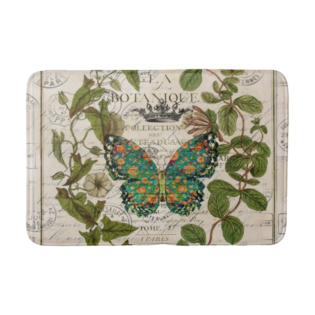 bohemian scripts french botanical butterfly bath mat (Front)