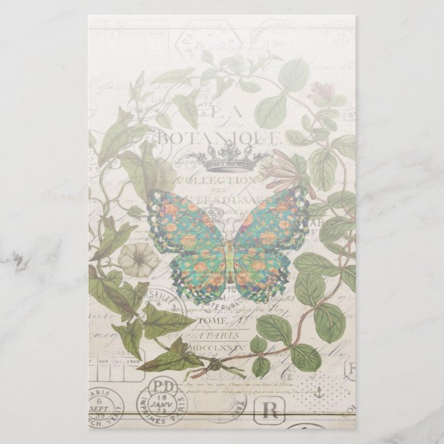 bohemian scripts french botanical butterfly stationery (Front)