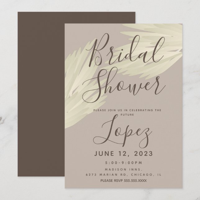 Bohemian Simple Pampas Bridal Shower Beige Brown Invitation (Front/Back)