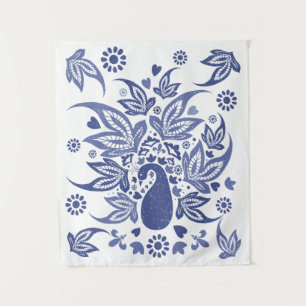 Bohemian Style Blue and White Peacock Tapestry