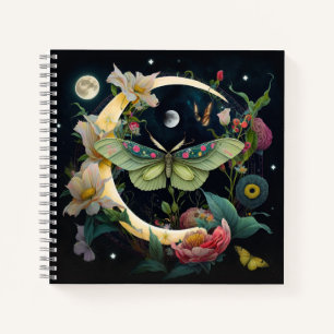 Bohemian Style Moth Moon and Flowers  Notebook
