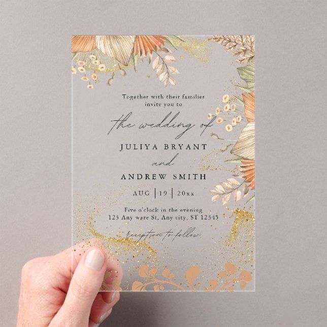 Bohemian style pampass grass wedding acrylic invitations (Insitu (Handheld))