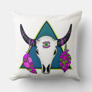 Bohemian Style Skull and Feathers Cushion