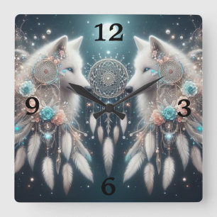 Bohemian Style Wolf and Dreamcatchers Square Wall Clock