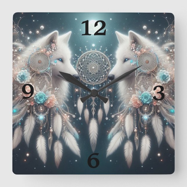 Bohemian Style Wolf and Dreamcatchers Square Wall Clock (Front)