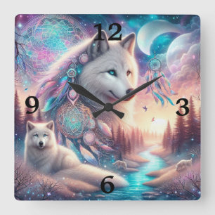 Bohemian Style Wolf and Dreamcatchers Square Wall Clock