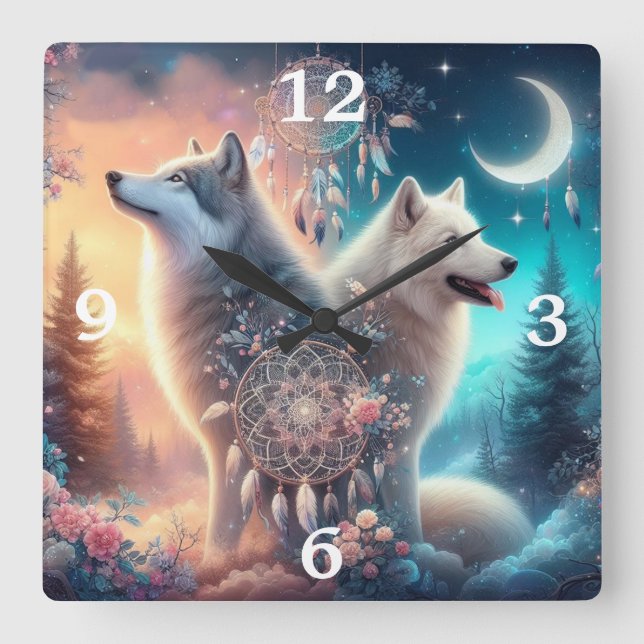 Bohemian Style Wolf and Dreamcatchers Square Wall Clock (Front)