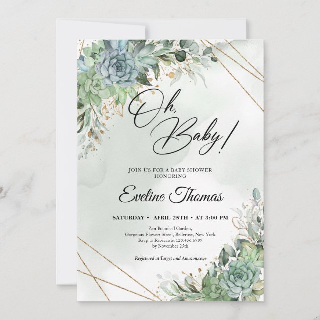 Bohemian succulents eucalyptus greenery Oh Baby Invitation (Front)