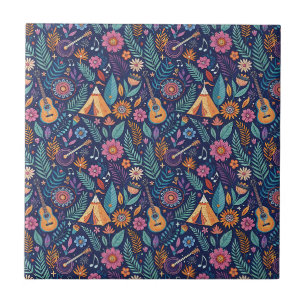 Bohemian Summer Music Festival Guitar Floral Art Ceramic Tile