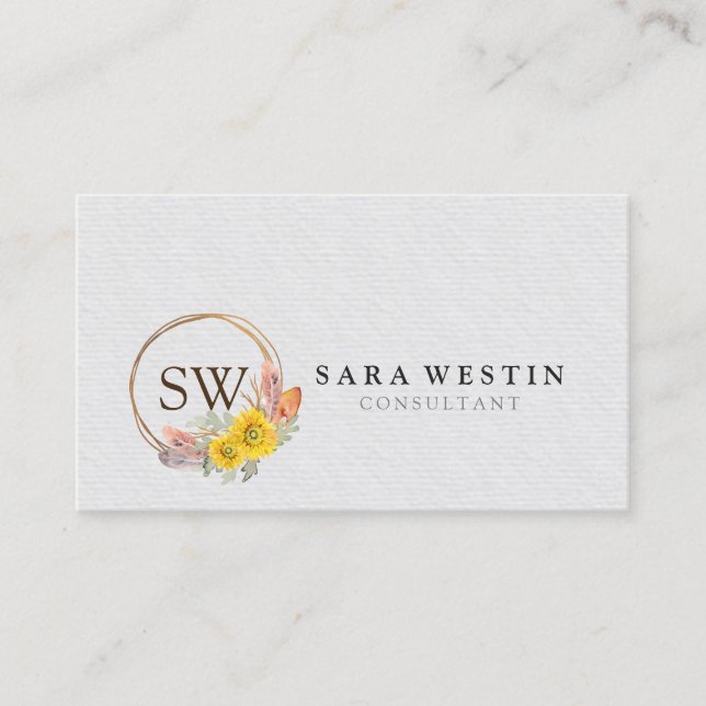 Bohemian Sunflowers Monogram Wedding Consultant Bu Business Card (Front)