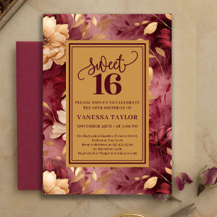 Bohemian Sweet 16 Burgundy Blush Floral Invite