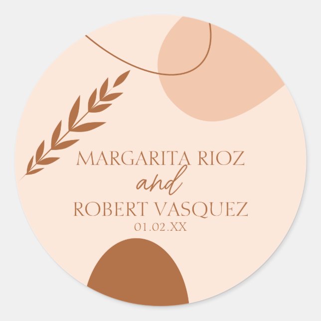 Bohemian Tan Brown Wedding Couples Name Classic Round Sticker (Front)