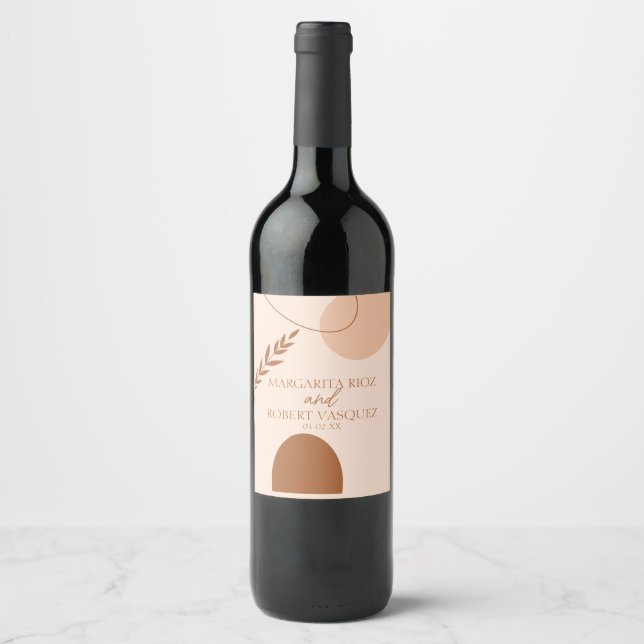 Bohemian Tan Brown Wedding Couples Name  Wine Label (Front)