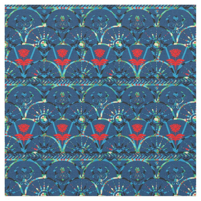 Bohemian Tapestry Pattern, Dark Teal Fabric (Close Up)