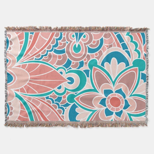 Bohemian, Teal and Peach Throw Blanket (Front)