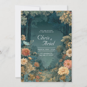 Bohemian Teal Floral Dark Forest Moody Woodland Invitation