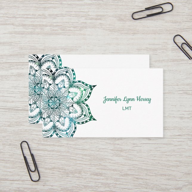 Bohemian Teal Mandala LMT Business Card (Front/Back In Situ)
