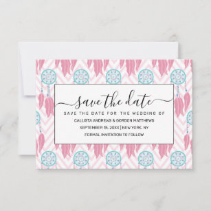 Bohemian Teal Pink Beaded Dreamcatcher Chevron Save The Date