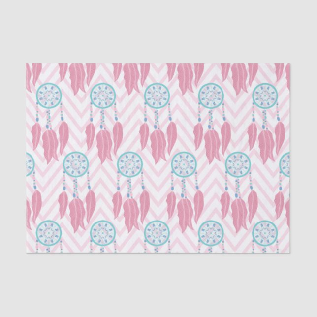 Bohemian Teal Pink Beaded Dreamcatcher Chevron Tissue Paper (Front)