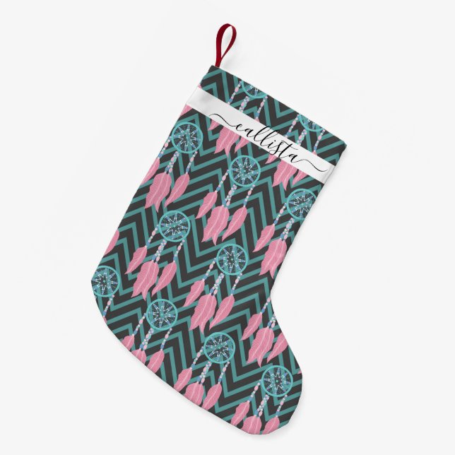 Bohemian Teal Pink Dreamcatcher Chevron Pattern Small Christmas Stocking (Front (Hanging))
