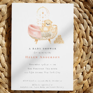 Bohemian Teddy Bear Watercolor Neutral Baby Shower Invitation
