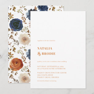 Bohemian Terracotta Blue Floral Wedding Invitation