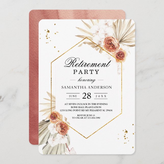 Bohemian Terracotta Dried Palm Leaf & Flowers Invitation (Front/Back)
