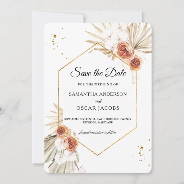 Bohemian Terracotta Dried Palm Leaf & Flowers Save The Date (Front)