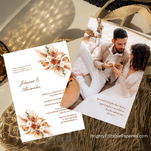 Bohemian Terracotta Floral Elopement Pampas Grass Invitation