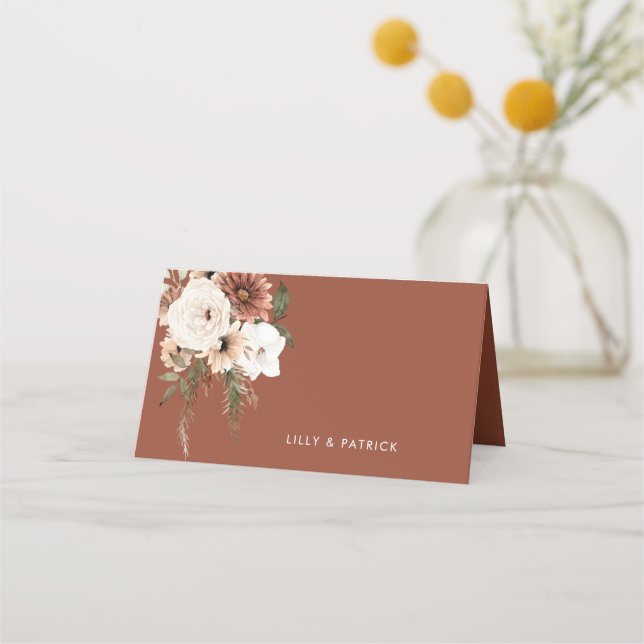 Bohemian Terracotta Floral Fall Wedding Place Card (Back)