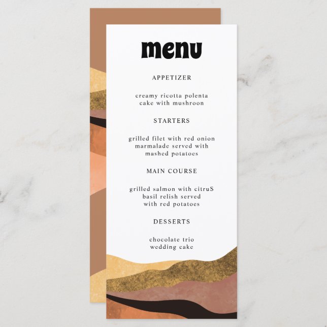 Bohemian Terracotta Groovy Wedding Dinner Menu (Front/Back)