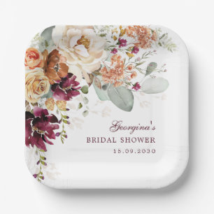 Bohemian Terracotta Maroon Flower Bridal Shower Paper Plate