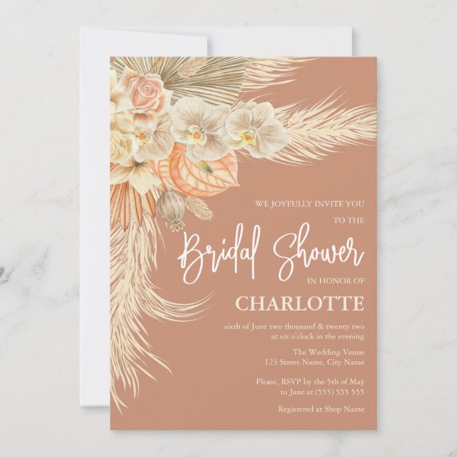 Bohemian Terracotta Pampas Grass Bridal Shower Invitation (Front)
