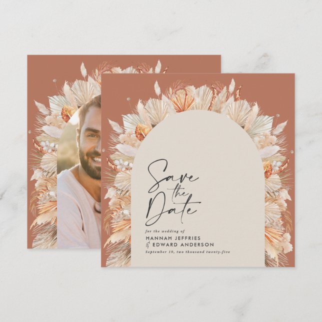 Bohemian terracotta pampas grass stylish trendy sa save the date (Front/Back)
