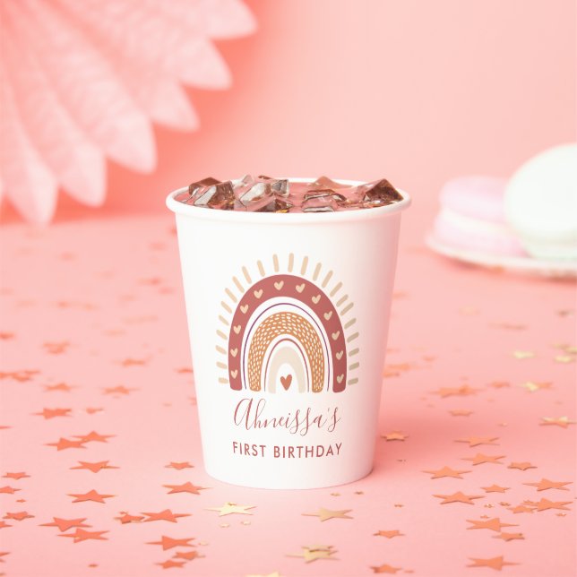 Bohemian Terracotta Rainbow Birthday Party Paper Cups (Insitu)