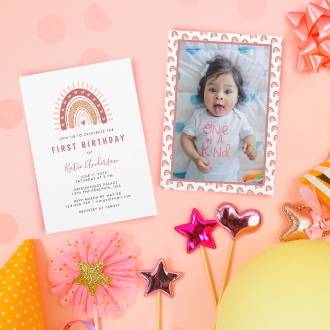 Bohemian Terracotta Rainbow Photo First Birthday Invitation (Creator Uploaded)