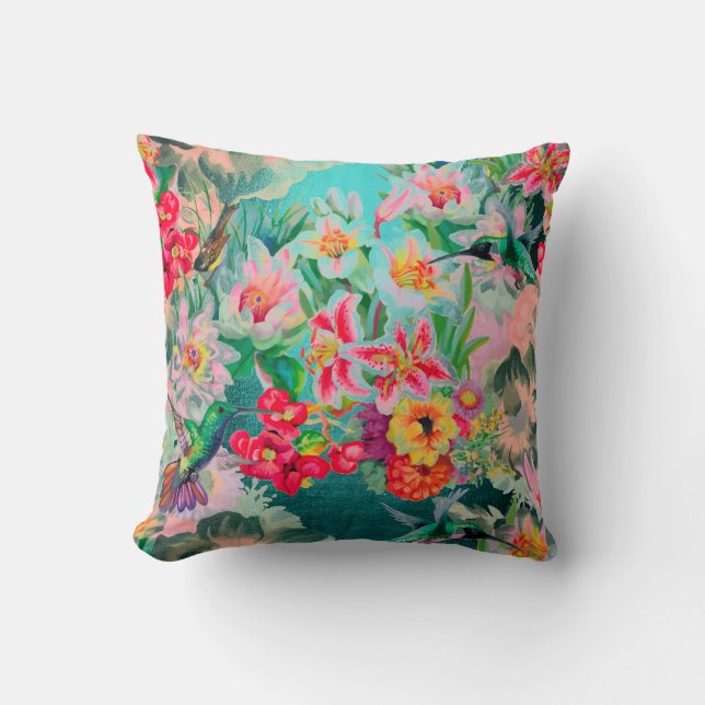 Bohemian Thunder-Bird Tropical Teal Green Flowers Cushion (Front)