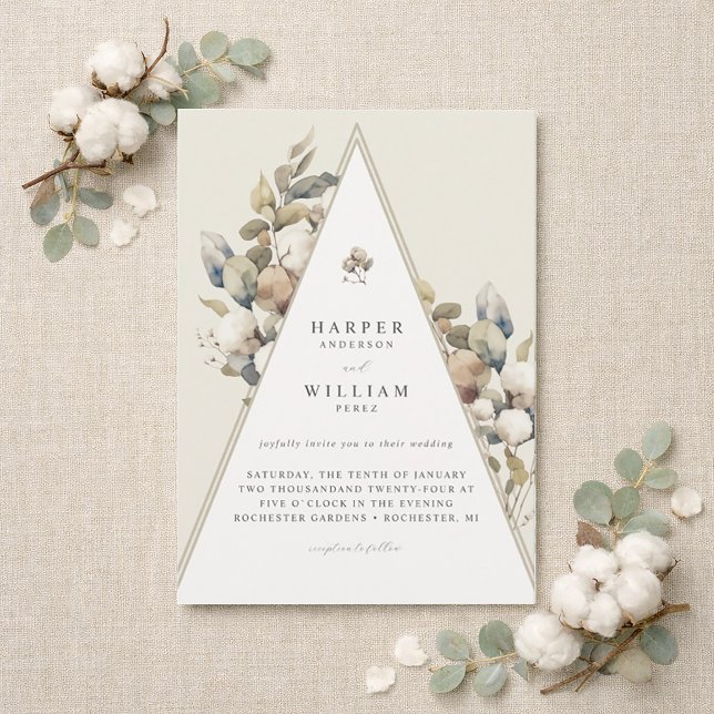 Bohemian triangle cotton foliage wedding invitation (Rustic triangle wedding inviation featuring Cotton and eucalyptus, boho-wedding.)