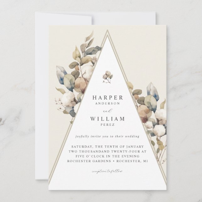 Bohemian triangle cotton foliage wedding invitation (Front)