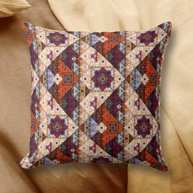 Bohemian Tribal Vintage Pattern Pillow (Pillow with an abstract gypsy style fractal pattern in warm colors.)
