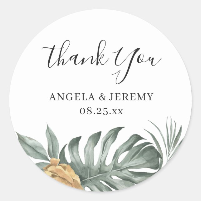 Bohemian Tropical Monstera Leaves Thank You Classi Classic Round Sticker (Front)